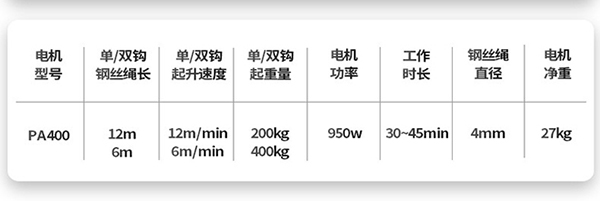 PA400微型電動葫蘆技術(shù)參數(shù)